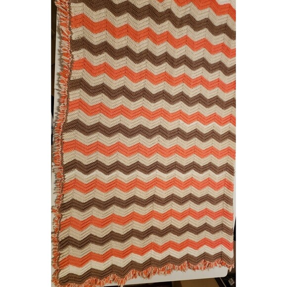 Afghan Crocheted Peach Tan Cream Colored Handmade Throw 60"×55" Fringe - Picture 1 of 5